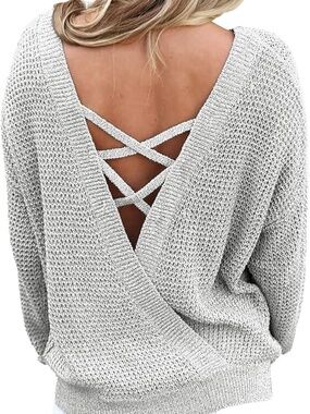 Criss Cross V Back Hollow Out Long Sleeve Sweater, Casual Crew Neck Knitted Grey